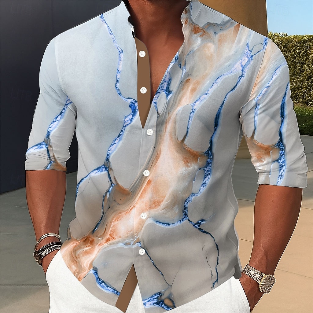 Homme Dégradé Or Marbre Chemise Chemise Boutonnée Chemise à col montant manche longue Occasionnel Extérieur Vacances Quotidien Printemps Automne Col mandarin Band Collar Impression 3D Chemise en lin de 2025 ? $25.99 –P4
