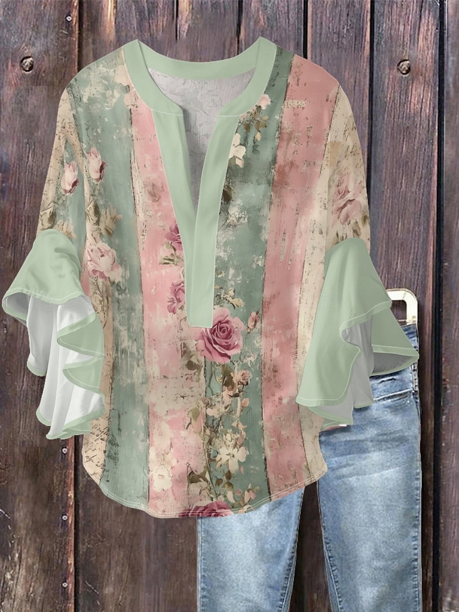 Femmes Chemisier Fleuri Élégant Moderne Manche 3/4 Col en V Hauts Réguliers Quotidien Fête A Volants Imprimé Rose Claire Bleu Vert Abricot Été de 2025 ? $22.99 –P4