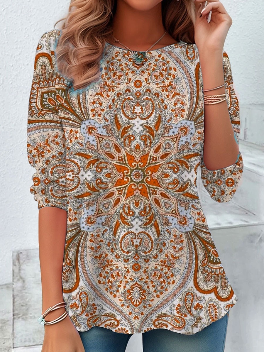 Femmes T-shirt Fleuri Graphique Paisley ancien Élégant Classique manche longue Col ras du cou Hauts Réguliers Quotidien Week-end Imprimé Bleu Violet Orange Vert Été de 2025 ? $22.99 –P4