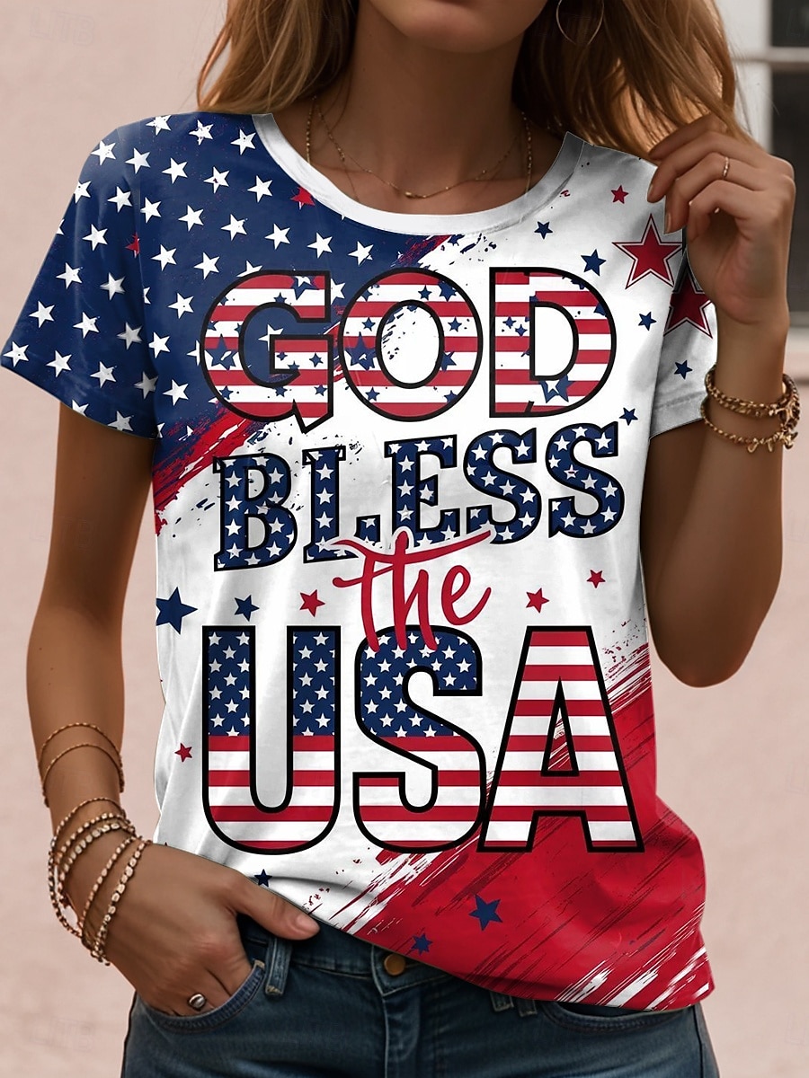 Independence Day Patriotic Women's T Shirt Graphic Flag Vintage Casual Short Sleeve Crew Neck Regular Tops Daily Weekend Print White Red Blue Dusty Blue Summer Spring 2026 - $22.99 –P1