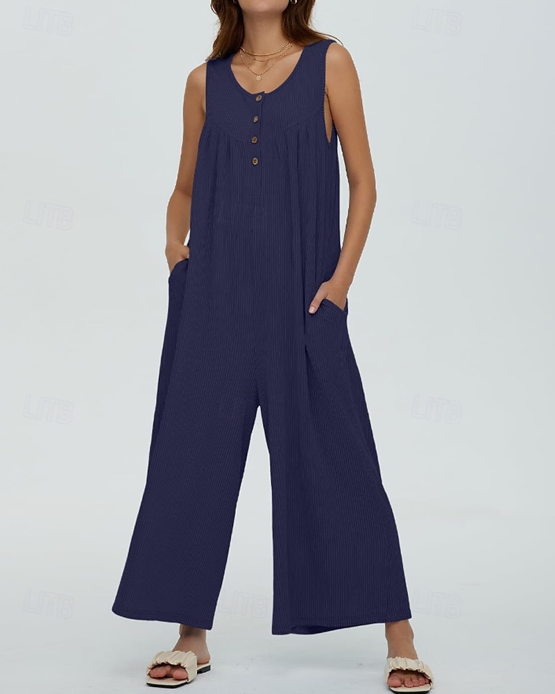 Női Szabályos Jumpsuitek Utcai sikk Tömör szín Ujjatlan U-alakú Gombok Zseb Utca Napi Normál Fekete Sötétkék Medence Nyár 2025 - zł111.96 –P19