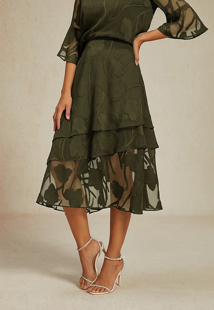 Dames Rok Elegant Midi Medium Taille Rokken Flora Meerlaags Inelastisch Feest Causaal Olijf Zomer Chiffon 2025 - $59.99 –P1