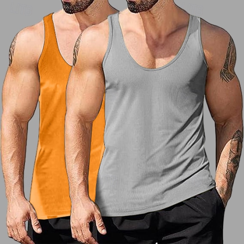 2PCs Men's Tank Top Undershirt Sleeveless Shirt Wife beater Shirt Sleeveless Deep U Scoop Neck Scoop Neck Summer Solid Color Plain Pit Strip Fashion Designer Sporty Ribbed Plain Casual Tank top 2026 - $20.99 –P6