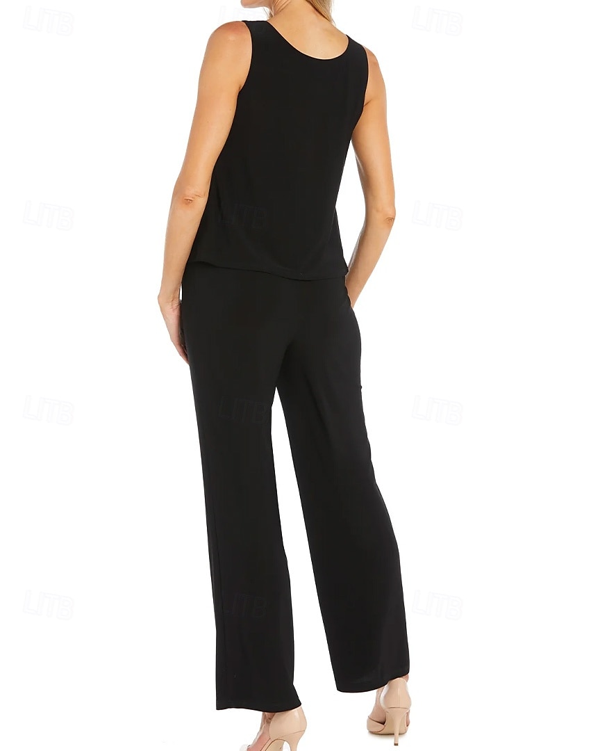 Mono  Traje de Pantalón de 3 Piezas Traje de la Madre de la Novia Traje Elegante Vintage Simple Cuello en V Largo hasta el Tobillo Chiffón Elástico con Manga Corta y Apliques Bordados con Lentejuelas 2025 - $135.99 –P5