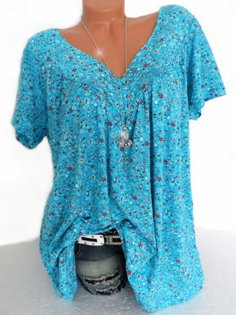 Femmes T-shirt Fleuri Mode Moderne Occasionnel Manche Courte Col en V Hauts Réguliers Quotidien Week-end Rose Claire Rouge Bleu Vert Été de 2025 ? $19.99 –P1