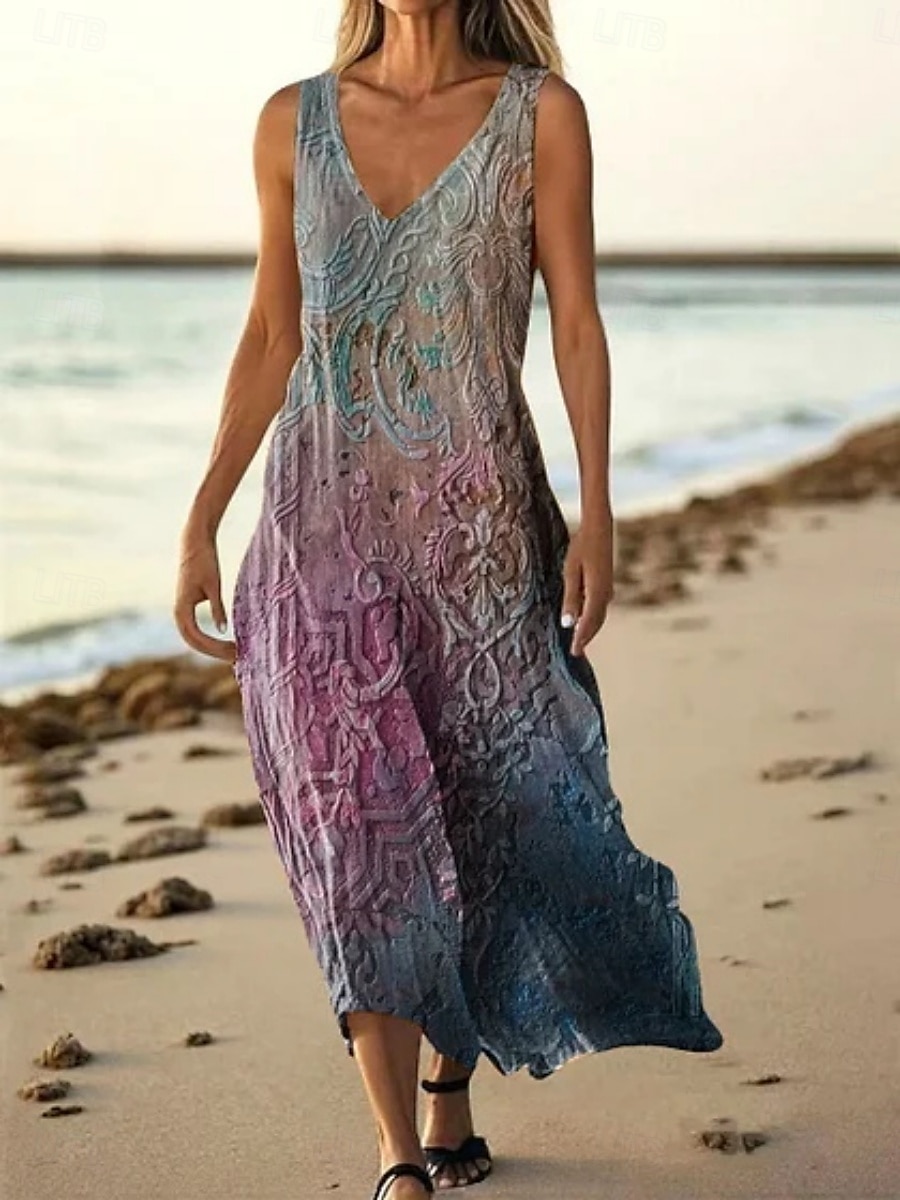 Mujer vestido largo vestido largo Vestido informal Vestido de Tanque Vestido de verano africano Diario Festivos Playa Ajuste regular Floral Sin Mangas Escote en Pico Blanco Morado Verde Trébol 2025 - $21.99 –P2