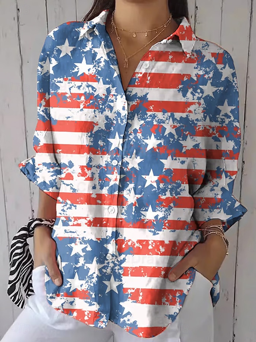 Amerikaanse onafhankelijkheidsdag Dames Overhemd Grafisch Vlag Dagelijks Stijlvol Casual Lange mouw Overhemdkraag Normale tops Dagelijks Feestdagen Knop Afdrukken Wijn Rood blauw Zomer Lente 2025 - $32.99 –P2