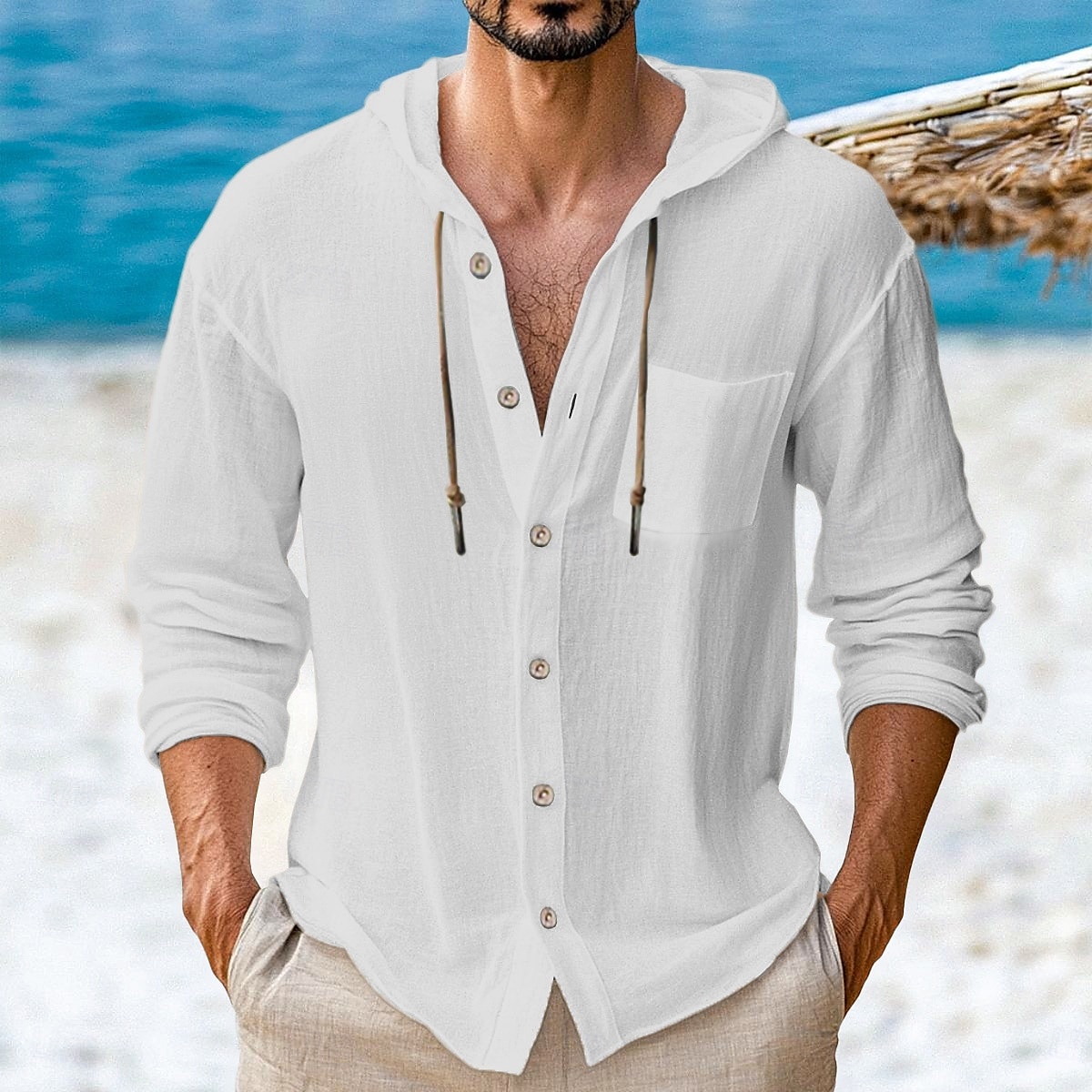 Men's Shirt Linen Shirt Beach Wear Button Up Shirt Hooded Shirt Plain Vacation Casual Black White Green Khaki Long Sleeve Hooded Spring & Summer Clothing Apparel Buttons 2026 - $25.99 –P7