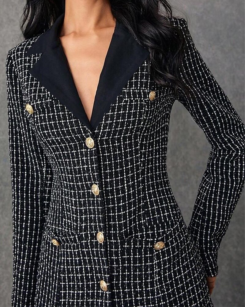 Zwart en Wit Tweekleurig Blazerjurk Tuxedojurk Bruid van de Moeder Jurk Elegante Simpele Luxe V-hals Revers Vloerlengte Split Lange Mouw met Metalen Knopen 2025 - $169.99 –P2