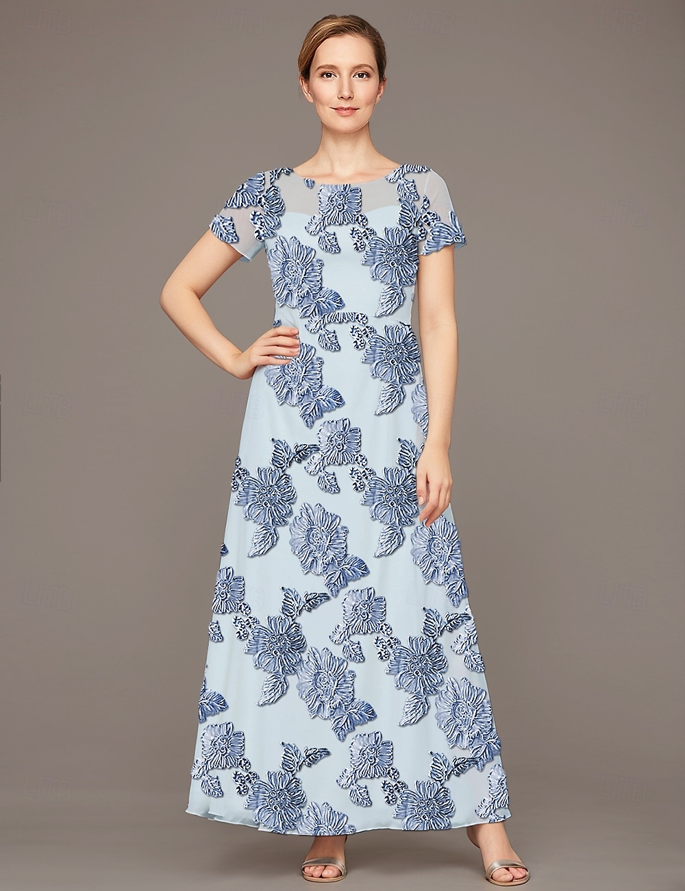 A-Linien-Kleid für die Mutter der Braut, elegant, luxuriös, U-Boot-Ausschnitt, bodenlang, Chiffon, Spitze, kurze Ärmel, mit Rüschen, 2025 2025 - $145.99 –P4