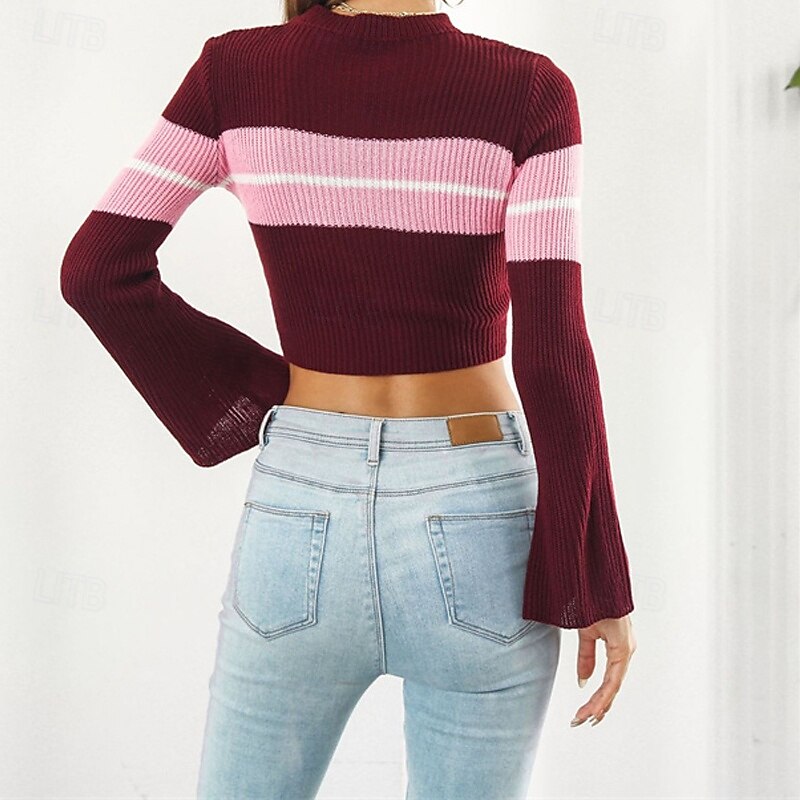 Damen Pullover Lässig Farbblock Grobstrick Rundhalsausschnitt Gestrickt Langarm Crop Tops Stricken Täglich Ferien Ausgehen Wein Armeegrün Herbst Winter 2025 - $21.99 –P9