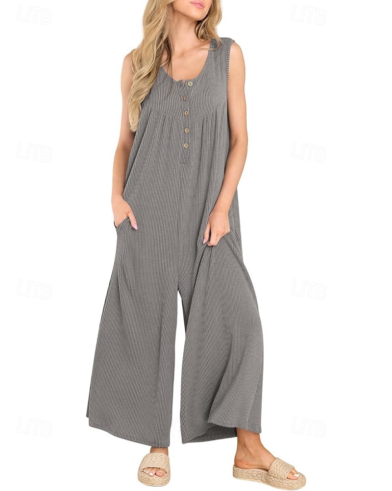 Női Szabályos Jumpsuitek Utcai sikk Tömör szín Ujjatlan U-alakú Gombok Zseb Utca Napi Normál Fekete Sötétkék Medence Nyár 2025 - zł111.96 –P1
