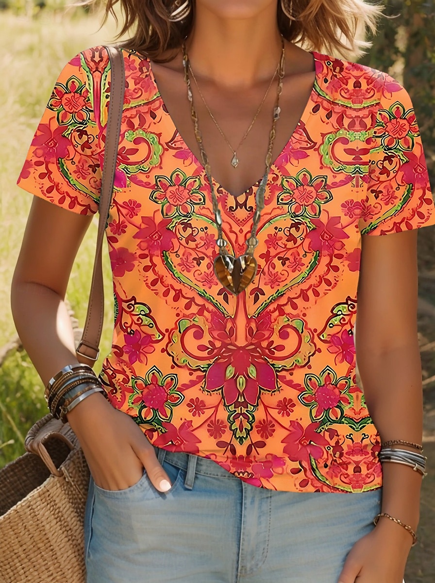Pentru femei Tricou Floral Grafic Imprimeu Paisley Epocă Stilat Clasic Manșon scurt În V Topuri obișnuite Zilnic Imprimeu Negru Galben Roz Îmbujorat Roșu-aprins Mov Vară Primăvară 2025 - $19.99 –P6