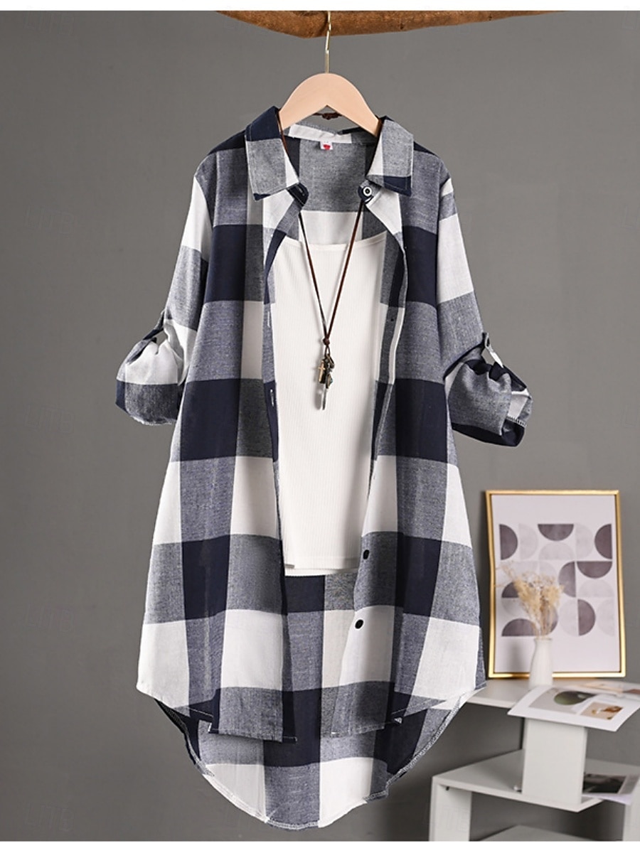 Damskie Szałat Wygodny Oddychający Guziki Nadruk Codzienny Kratka Urlop Ulica Codzienny Dzienne zużycie Guziki jednorzędowe Długie Wieczorne Regularny Długi rękaw Odzież wierzchnia Czarny i biały 2025 - $22.99 –P11