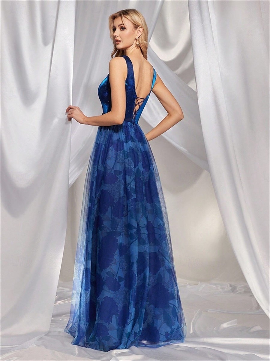 Šaty na quinceanera A-line elegantní šaty formální svatební podlahová délka bez rukávů výstřih do V tyl V zadní část s krystaly a rozparkem 2025 - $119.99 –P8