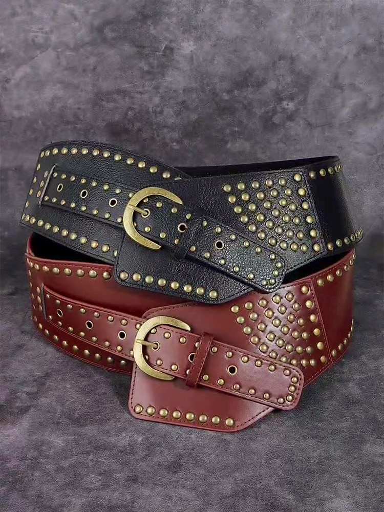 Brett svartbrunt dambälte i konstläder - vintage nitdesign med mässingsspänne, perfekt för klänningar, cosplay och gotiska kostymer 2025 - $18.99 –P4