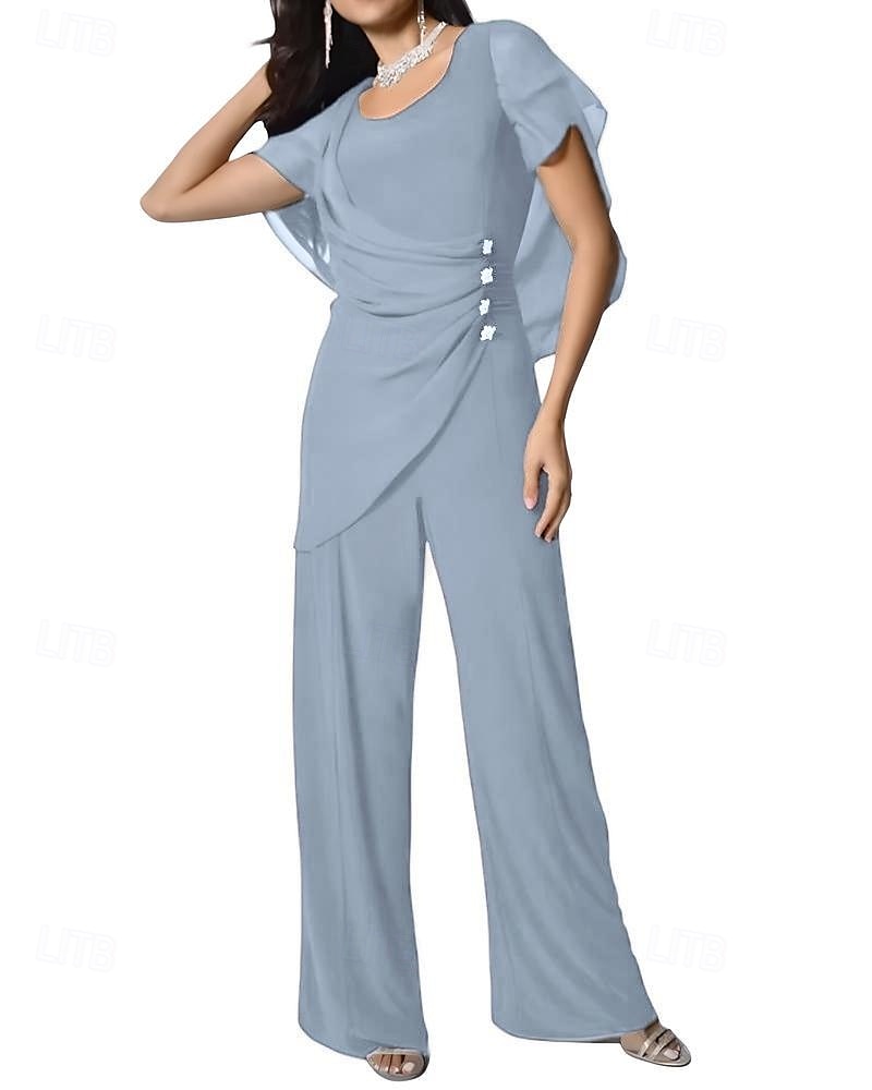 Mono  Traje con Capa Vestido Madre de la Novia Elegante Simple Minimalista Escote Pico Longitud de Piso Chiffon Manga Corta con Botones de Cristal 2025 - $129.99 –P5