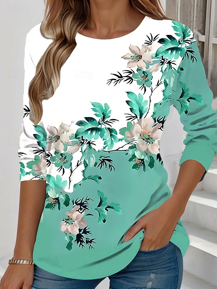 Femmes T-shirt Fleuri Graphique Plantes ancien Élégant Classique manche longue Col ras du cou Col rond Hauts Réguliers Quotidien Week-end Imprimé Jaune Vert Claire Bleu Bleu Ciel Violet Été de 2025 ? $23.99 –P6