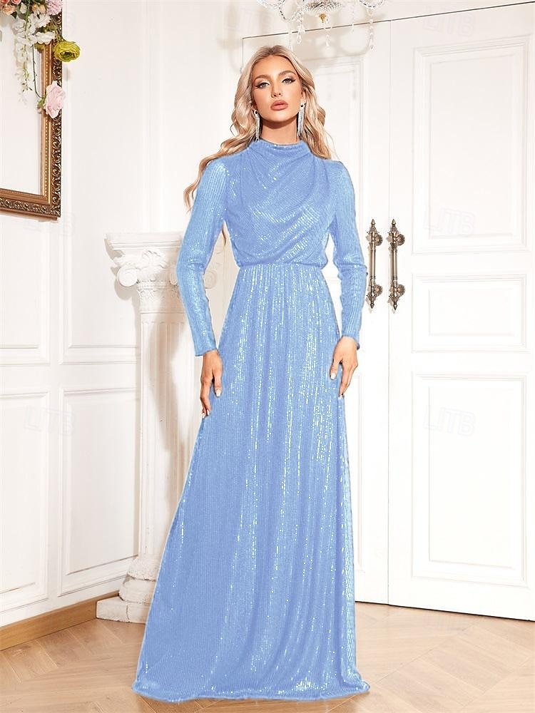 A-Linie Stretch Pailletten Meerjungfrau / Trompete Abendkleid elegantes Kleid formelle Hochzeit bodenlang Langarm Stehkragen Rollkragen mit Drapierung 2025 2025 - $139.99 –P8