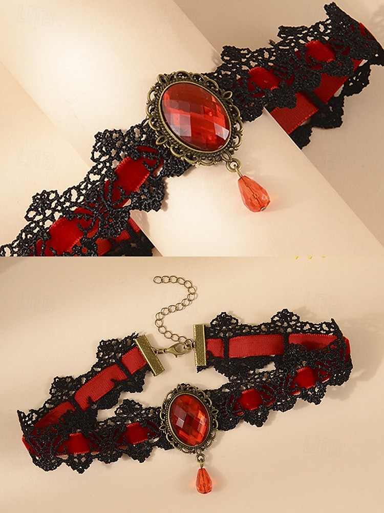 Collier ras du cou gothique en dentelle pour femme avec pendentif en pierre rouge, bijou vintage en velours noir pour fête d'Halloween et cosplay costumé de 2025 ? $7.99 –P7