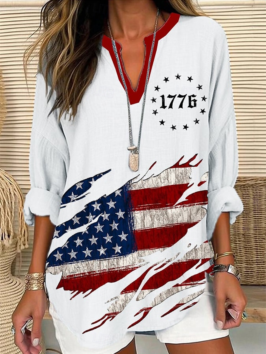 Vrouwen Patriottische Blouse Grafische Vlag Vintage Tropisch Hawaïaans Lange Mouwen V-hals Reguliere Tops Dagelijkse Vakantie Strandkleding Print Zwart Wit Rood Blauw Zomer Lente 2025 - $24.99 –P1