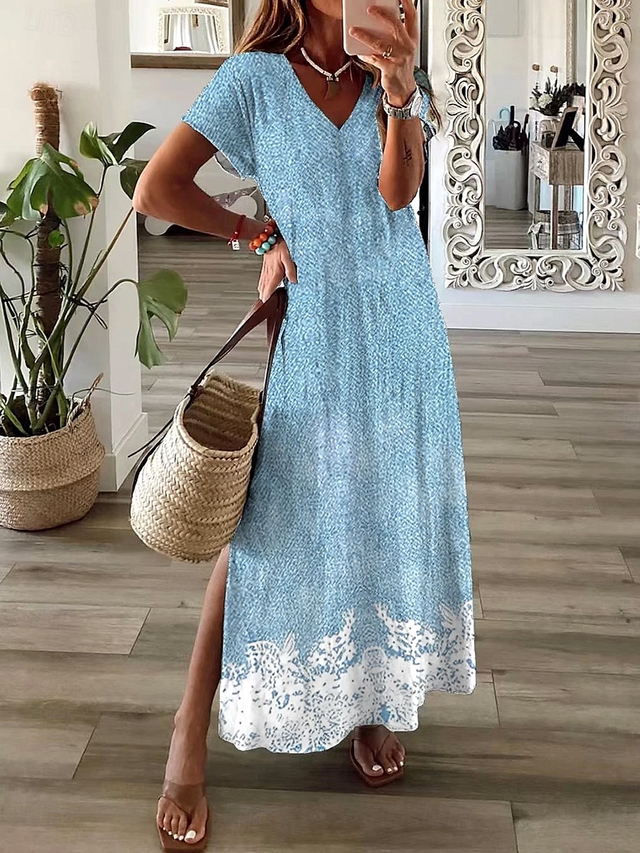 Femmes Robe maxi Robe Décontractée Robe d'Été Robe trapèze Élégant Vacances Occasionnel Fête Plage Coupe régulière A Ombre Fleuri Graphique Manche Courte Col en V Vert Claire Bleu Ciel Été Printemps de 2025 ? $28.99 –P1