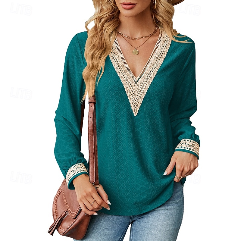 Damen Bluse Farbblock Modern Lässig Langarm V Ausschnitt Normale Oberteile Täglich Ferien Patchwork Gras-Grün Erröten Sie Rosa Schwarz Rosa Wein Sommer 2025 - $21.99 –P17