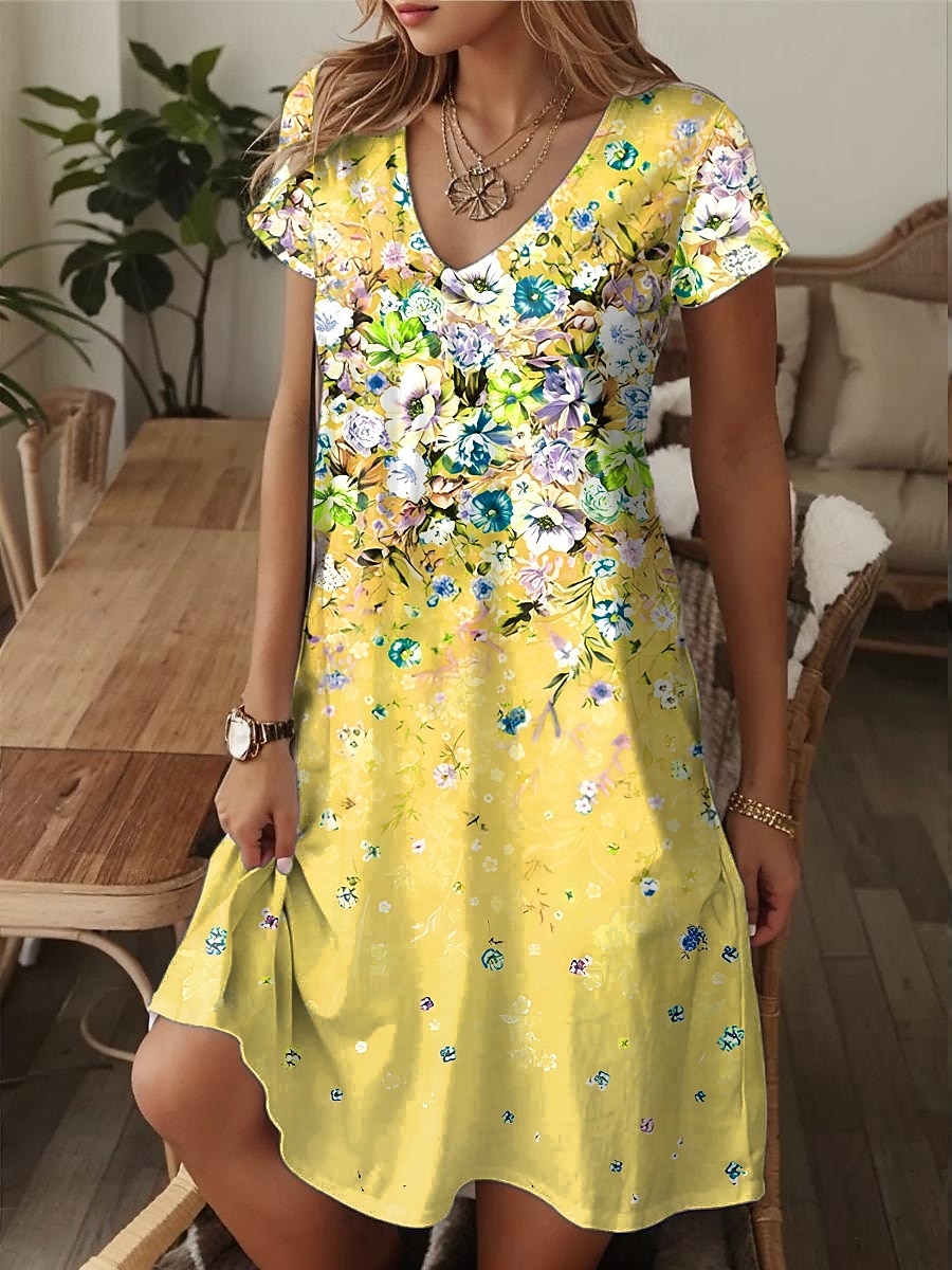 Dam Mini klänning T shirtklänning Solklänning A linjeklänning Semester Ledigt Strandstil Utekväll Strand Normal Blommig Grafisk Kortärmad V-hals Gul Rodnande Rosa Blå Purpur Sommar 2025 - $23.99 –P8