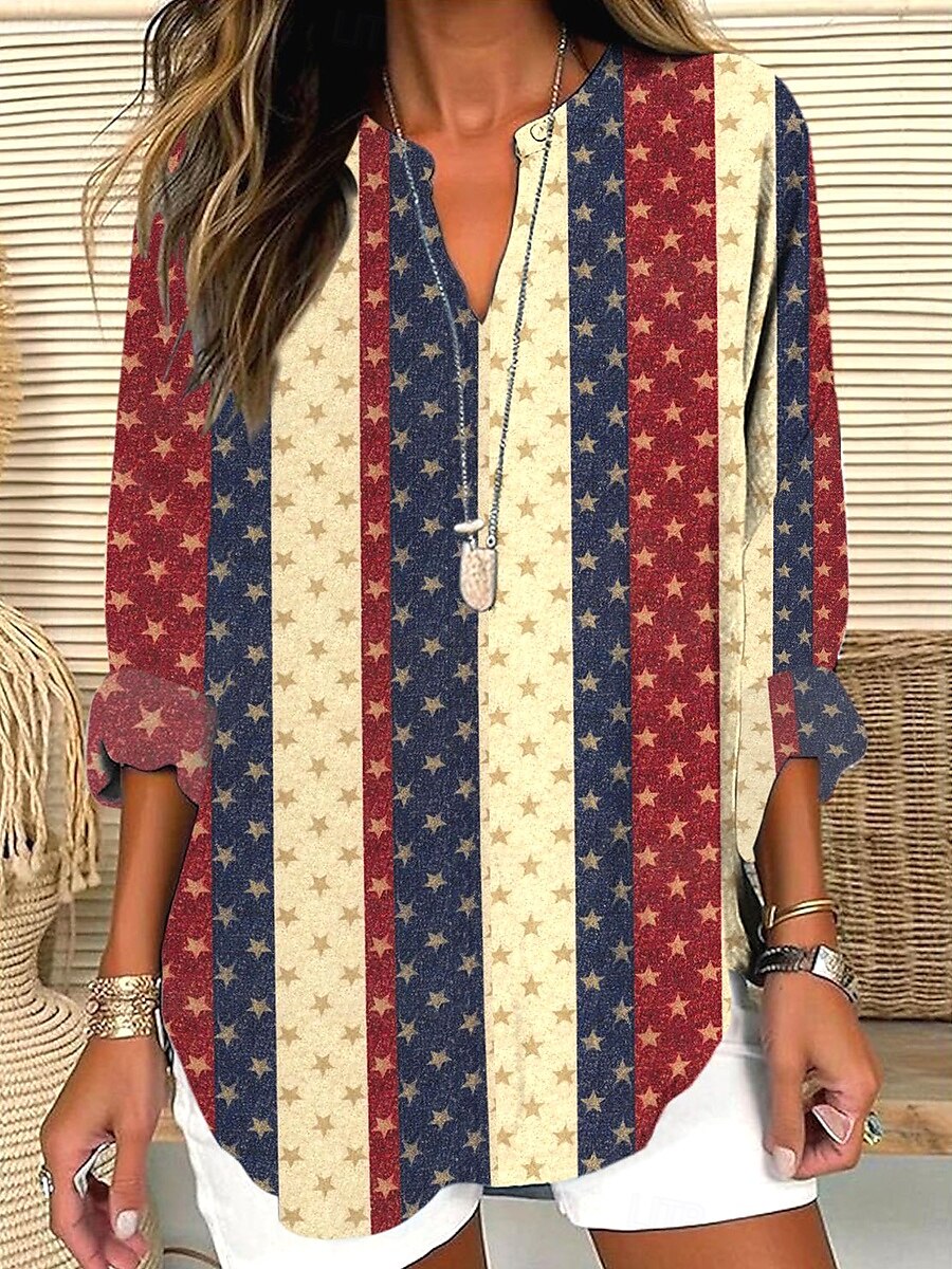 Dames Blouse Grafisch Geometrisch Ster Elegant Stijlvol Casual Lange mouw V-hals Gekerfde nek Normale tops Dagelijks Feestdagen Afdrukken Rood Zomer Lente 2025 - $24.99 –P1