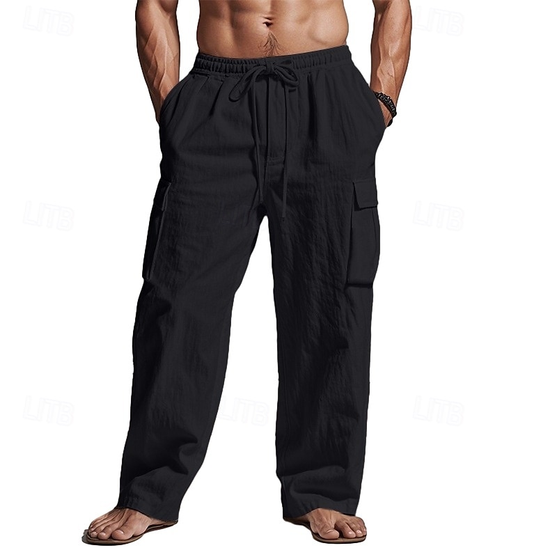 Homens Calças Cargo Calças de linho Calças Calça verão Calças de praia Com Cordão Cintura elástica Bolso multi Tecido Conforto Respirável Comprimento total Ao ar livre Casual Diário Férias Moda Preto de 2025 por $6.59 –P1