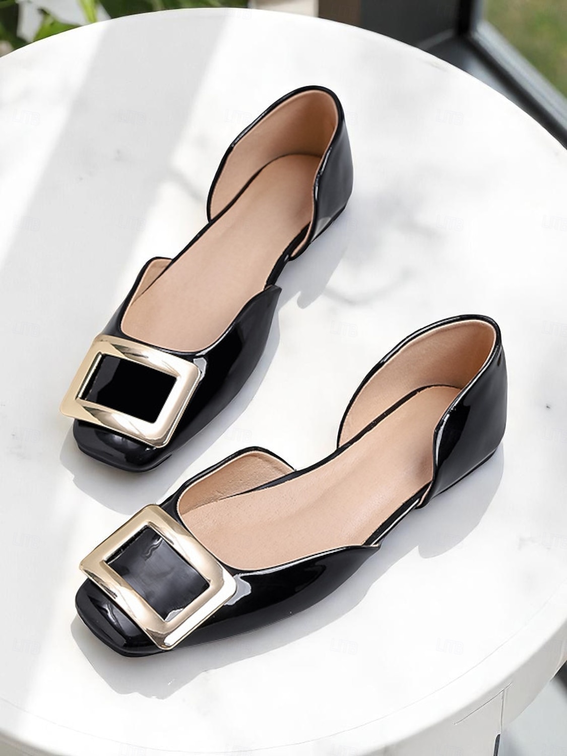 damskie czarne lakierowane baleriny ze złotą klamrą, elegancki kwadratowy nosek, buty wsuwane do biura i na co dzień 2026 - $29.99 –P3