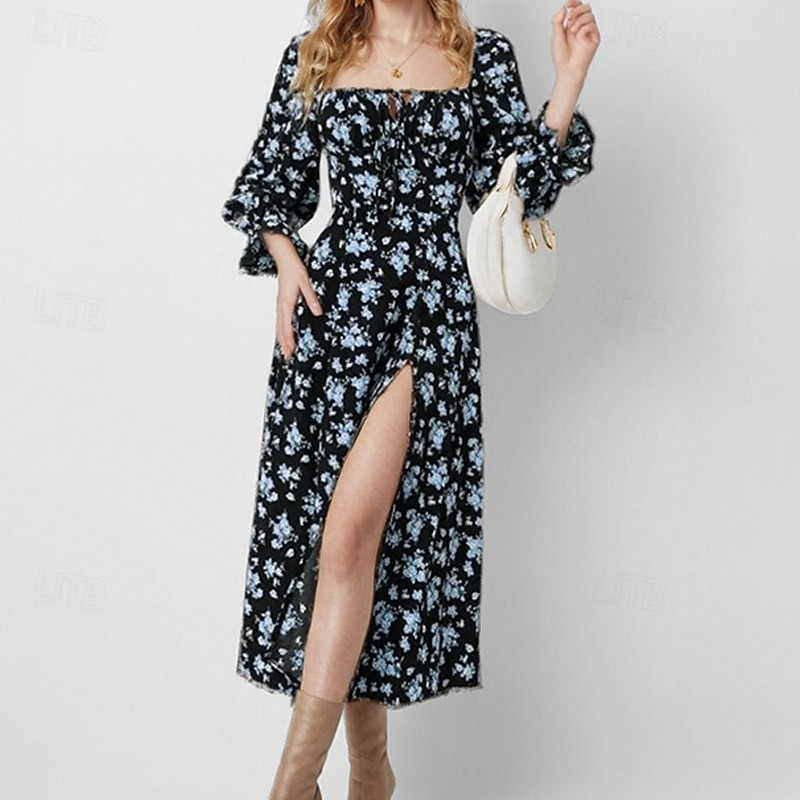 Damen Maxikleid Milchmädchen-Kleid Urlaub Party Geburtstag Laternenärmel Outdoor Urlaub Täglich Standard Passform Blumen Langarm Quadrathals Weiß Blau Purpur Gold Sommer Frühling Herbst 2025 - $25.99 –P3