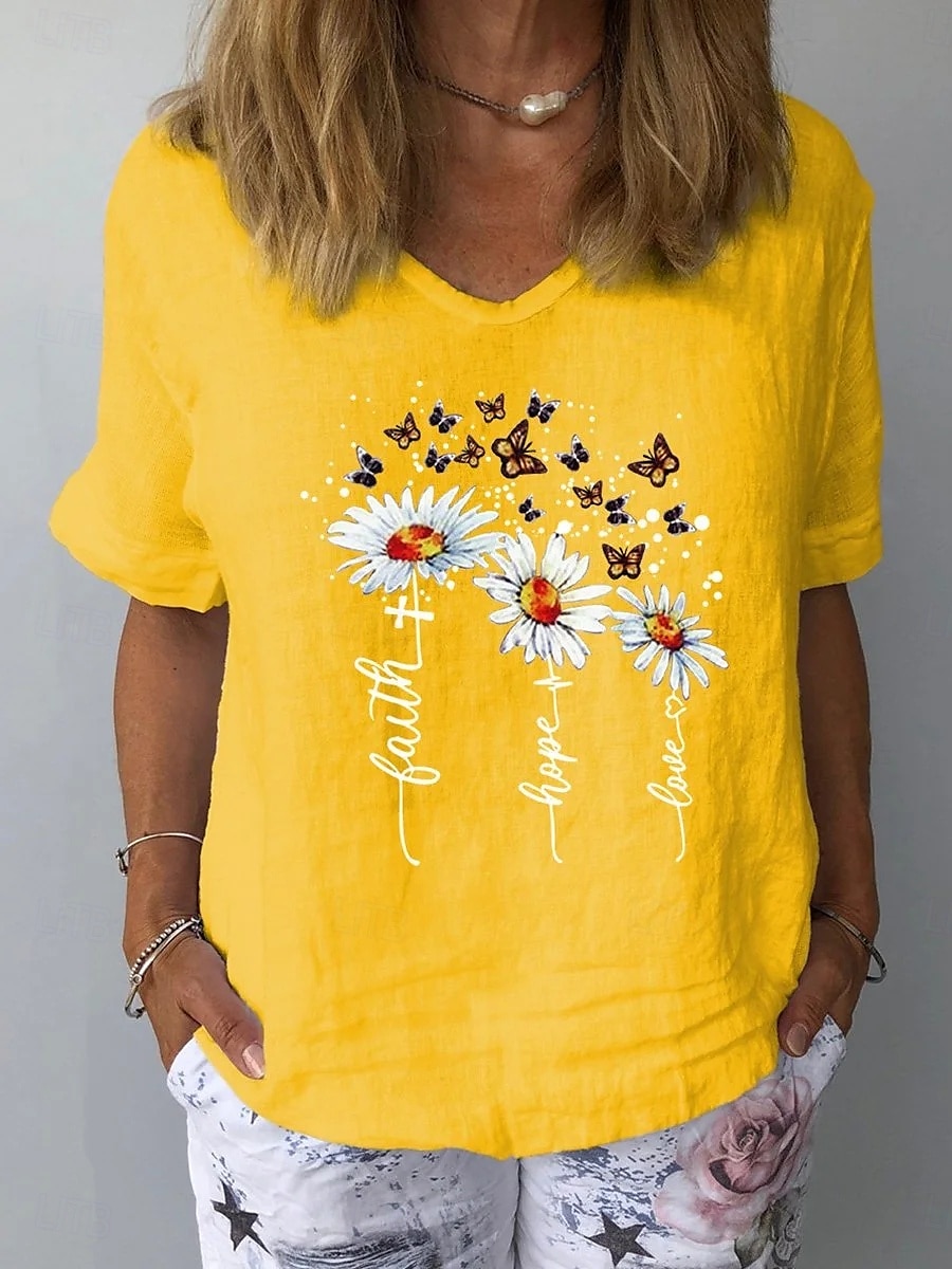 Femmes T-shirt Fleuri Graphique Plantes ancien Élégant Classique Manche Courte Col en V Hauts Réguliers Quotidien Week-end Imprimé Blanche Jaune bleu marine Bleu Gris Été de 2025 ? $19.99 –P2