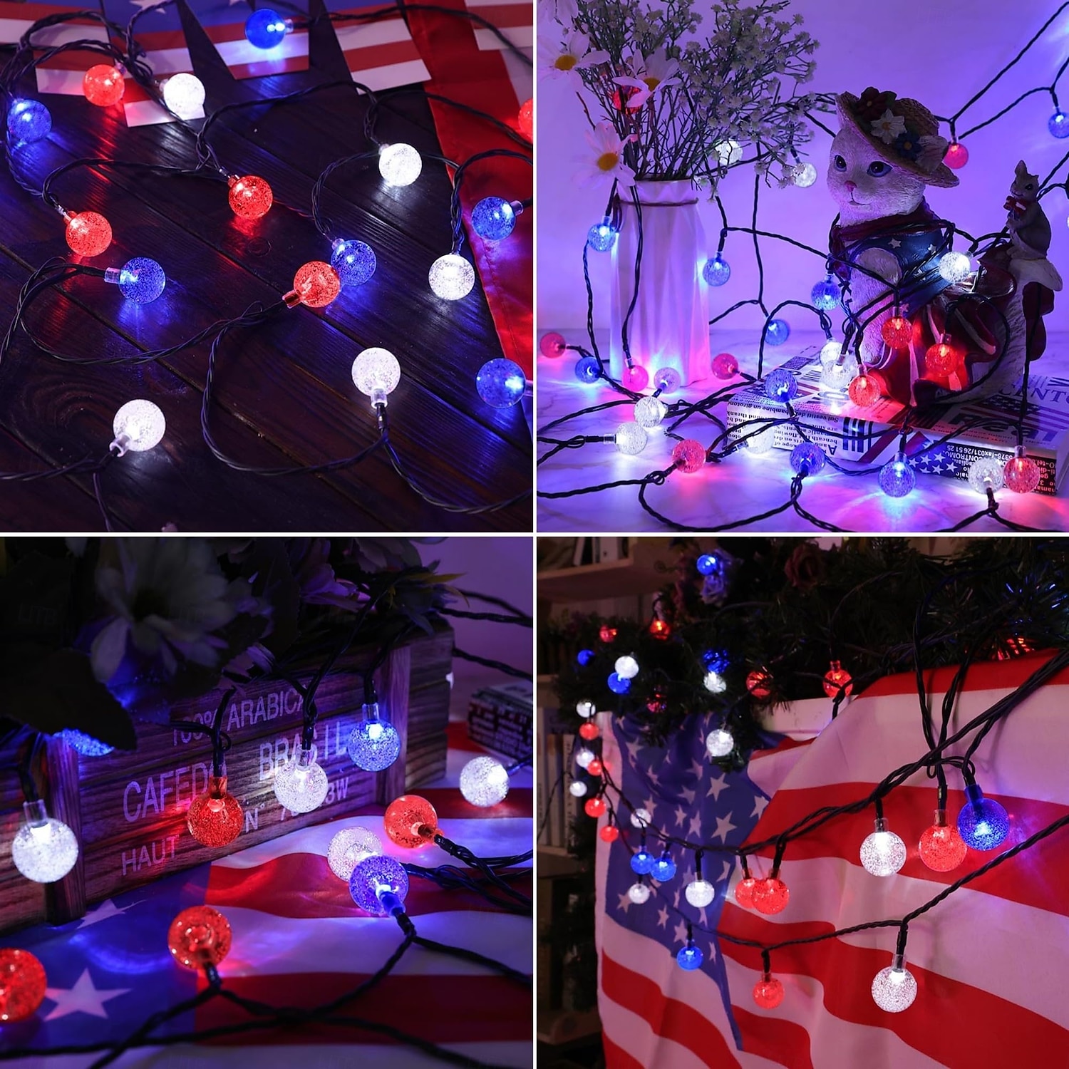 1 Stück 12 m - 100 LED-Perlen, solarbetriebene patriotische Lichterketten für den Außenbereich, wasserdicht, 4. Juli, Unabhängigkeitstag, rot-weiß-blaue Blasenkugel-Lichterkette, Hof, Gartenzaun, Balkon, Party, patriotische Atmosphäre 2025 - $23.99 –P3