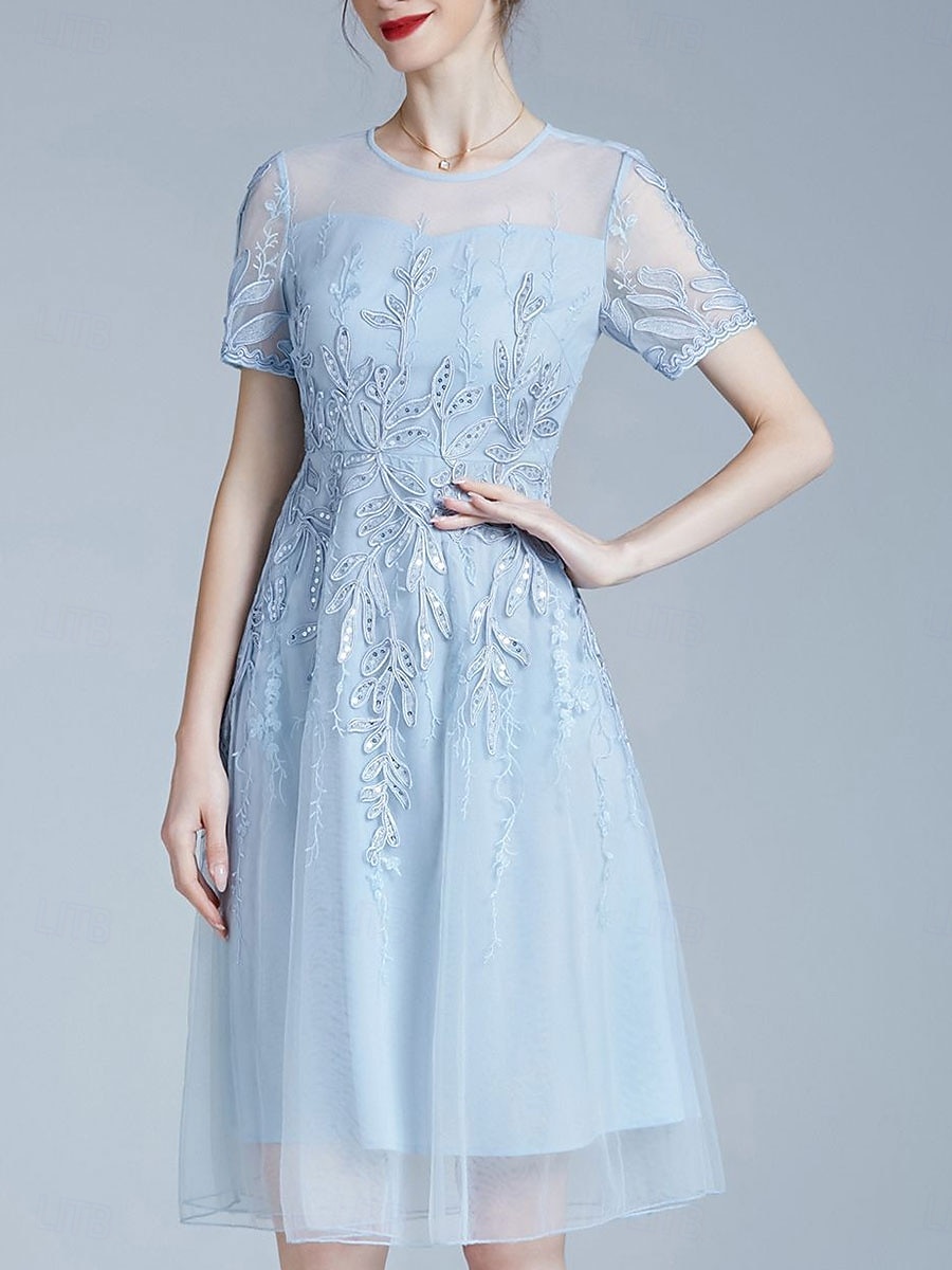 Vestido A-Line Vestido da Mãe da Noiva Elegante Decote Redondo Comprimento do Joelho Tule Mangas Curtas com Pregas Bordado de 2025 por $136.99 –P3