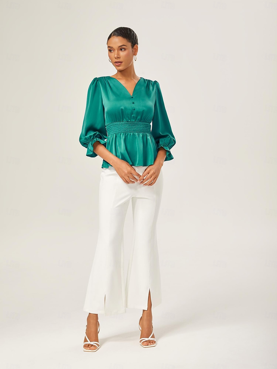 élégant chemisier cintré en satin vert lac de 2025 ? $51.99 –P7