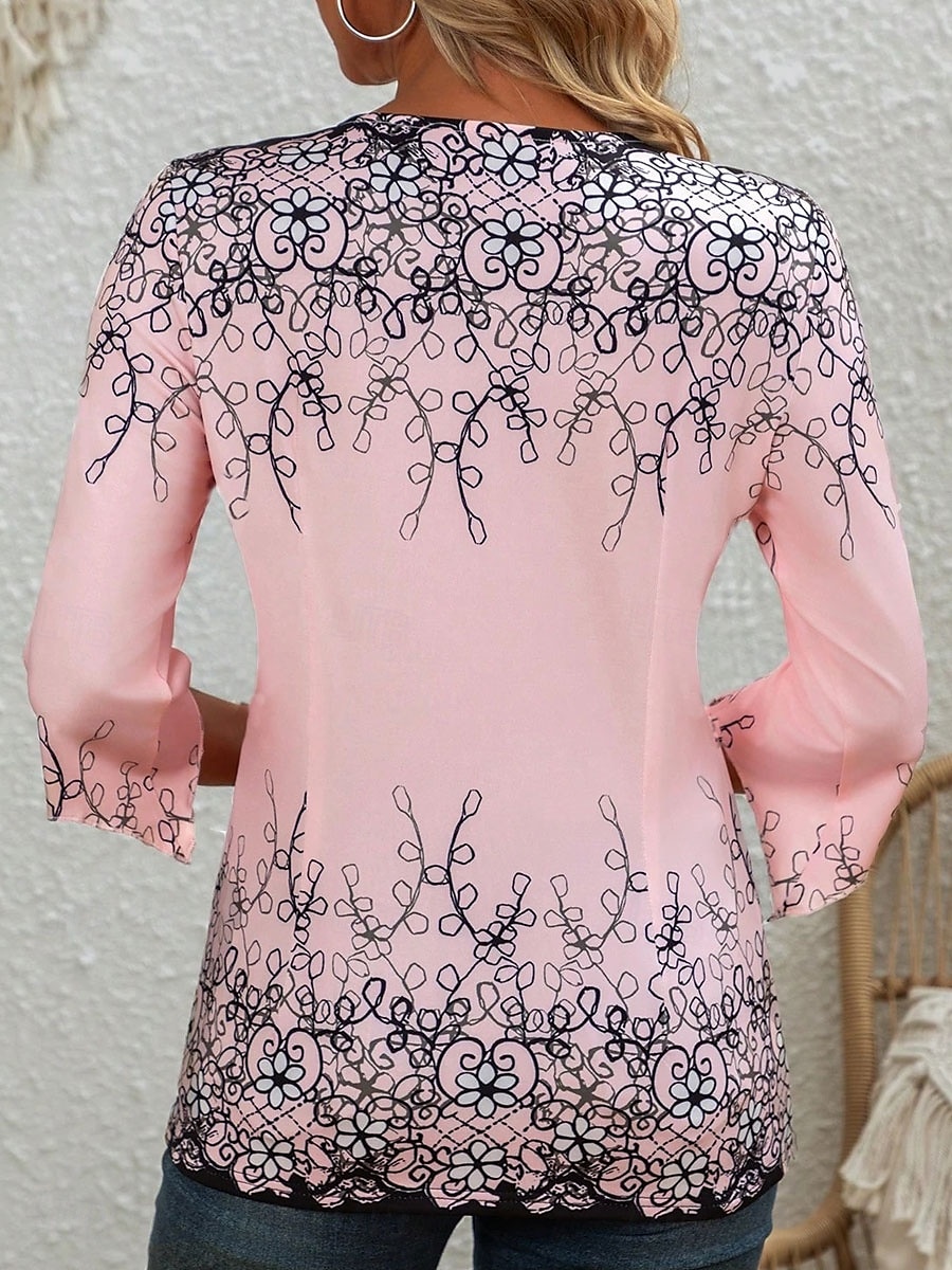 Femmes Chemisier Fleuri Graphique Élégant Manche 3/4 Col ras du cou Hauts Réguliers Quotidien Sortir A Volants Boutons Rose Claire Printemps Automne de 2025 ? $27.99 –P2
