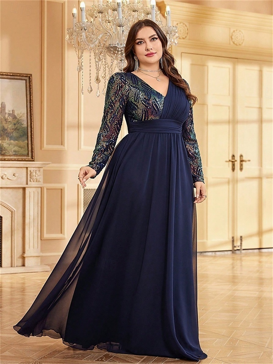 A-Line Plus Size Dresses Elegant Curve Dress Formal Wedding Floor Length Long Sleeve V Neck Chiffon with Sequin 2025 - $119.99 –P3