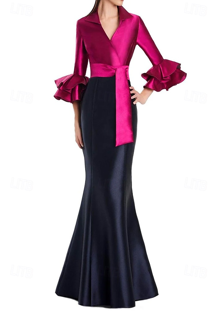schwarz-weißes Abendkleid Meerjungfrau/Trompete Abendkleid elegantes Kleid formelle Hochzeit bodenlang Halbarm Hemdkragen Stretch-Satin mit Rüschen 2025 2025 - $139.99 –P7
