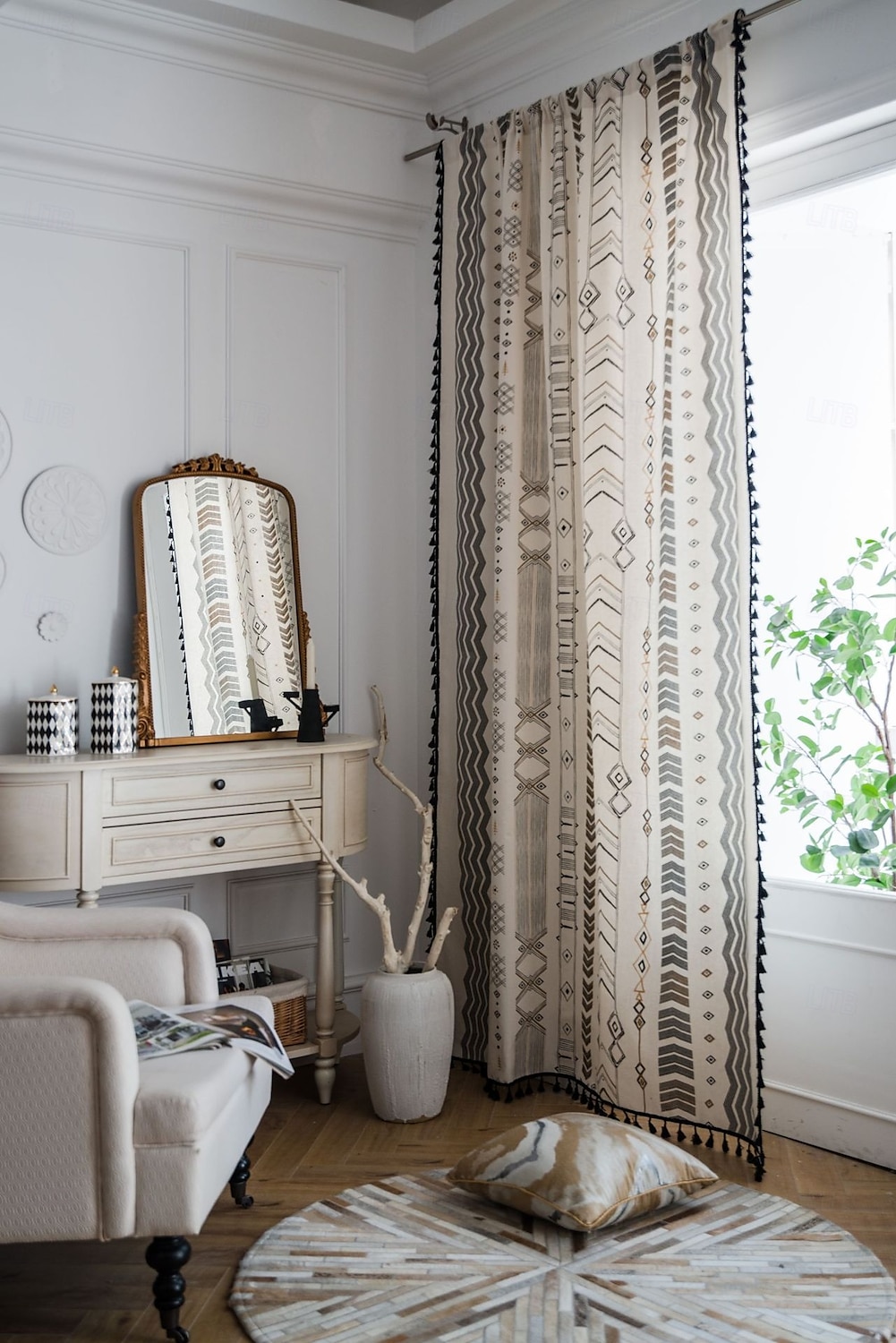 Boho Κουρτίνες από Κοντό Λινό με Χάντρες Γεωμετρικό Ημι-Σκοτεινό Εκτύπωση Αγροτική Μποέμ Κουρτίνες Παραθύρων για Καθιστικό Ροδόχρωμες Κουρτίνες 1 Πάνελ 2025 - $22.99 –P1