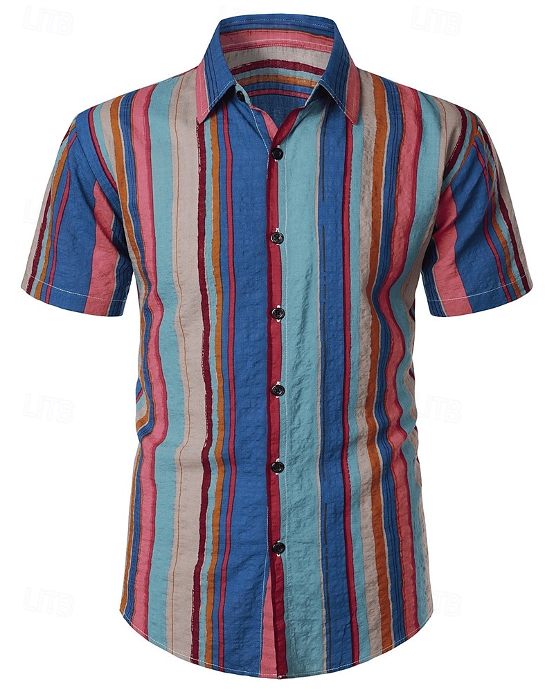 Herren Hemd Sommerhemd Freizeithemd Strandhemd Knopfhemd Marineblau Blau Kurzarm Streifen Revers Urlaub Hawaiianisch Bekleidung Mode Lässig Bequem 2025 - $18.49 –P1