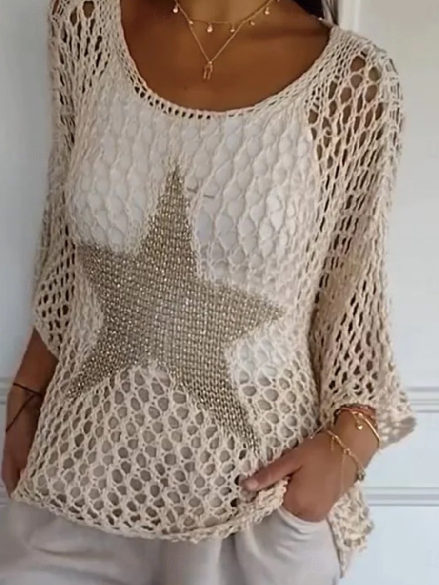 Dame Bluse Stjerne Stilfull Fritid 3/4 ermer Crew-hals Vanlige topper Daglig Utskjæring Svart Hvit Rosa Oransje Kakifarget Sommer 2025 - $26.99 –P3