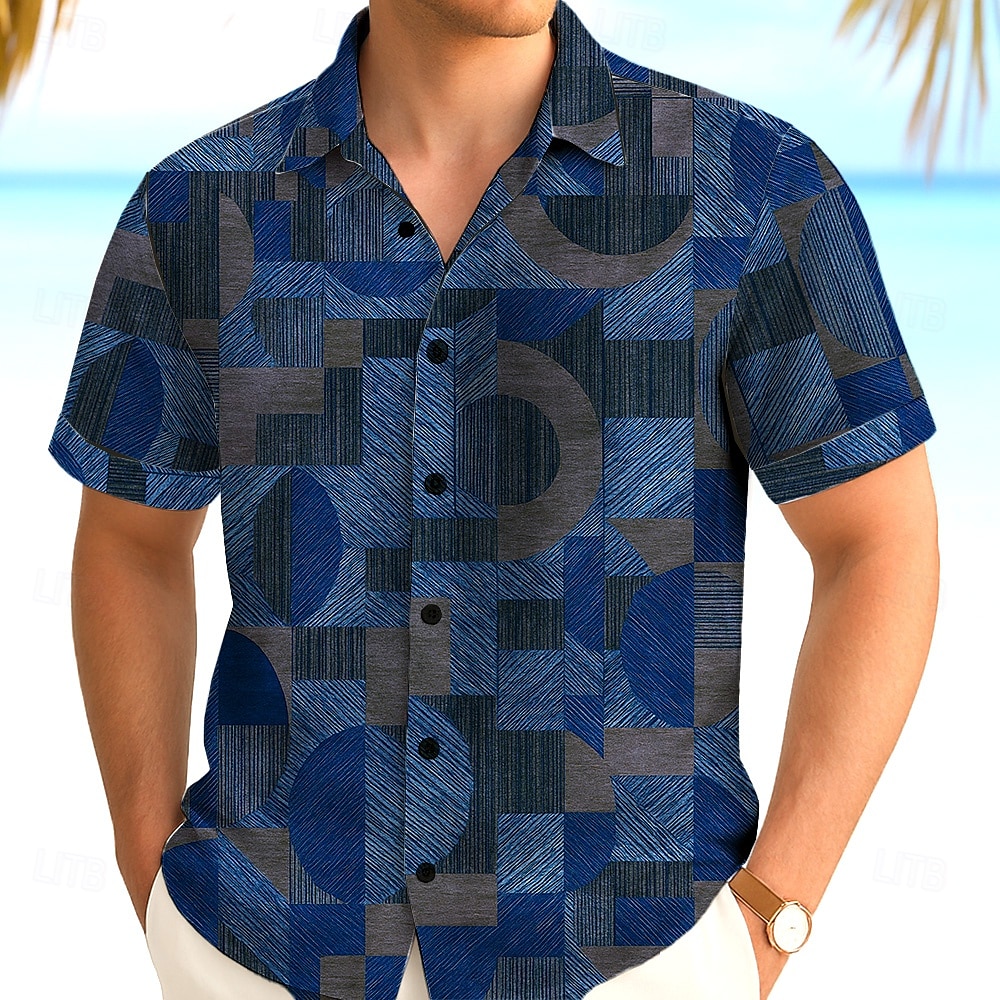Herren Geometrisch Farbblock Kreis Hemd Sommerhemd Knopfhemd Kurzarm Modisch lässig Outdoor Urlaub Alltagskleidung Sommer Frühling Umlegekragen 3D-Druck Hemden mit Kragen Blau Braun 2025 - $23.99 –P1