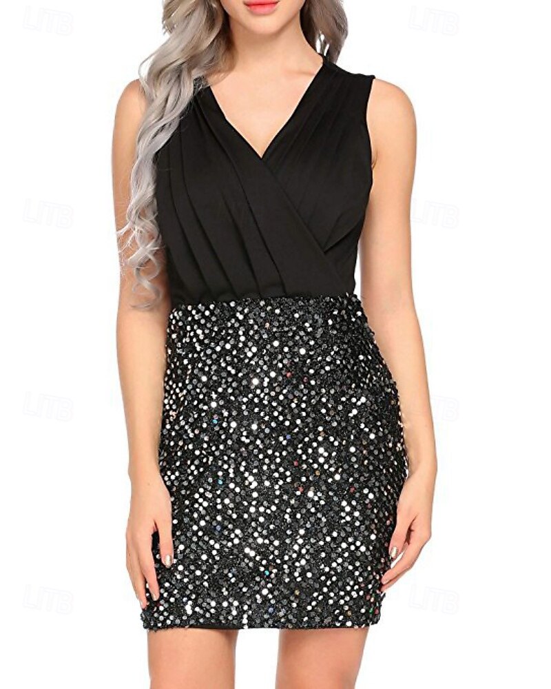 Dámské Mini šaty Flitrové šaty Šaty na párty Bodycon Módní Moderní Párty Koktejlový večírek Rande Běžný Barevné bloky Bez rukávů Do V Stříbrná Černá Zlatá Léto 2025 - $25.99 –P6