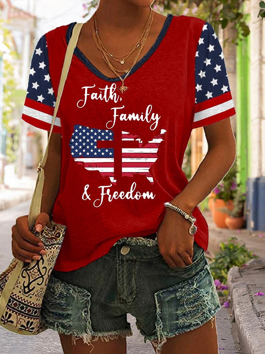Women's Patriotic  T Shirt Graphic Flag Vintage Stylish Classic Short Sleeve V Neck Regular Tops Daily Print Black White Red Navy Blue Summer Spring 2025 - $19.99 –P3