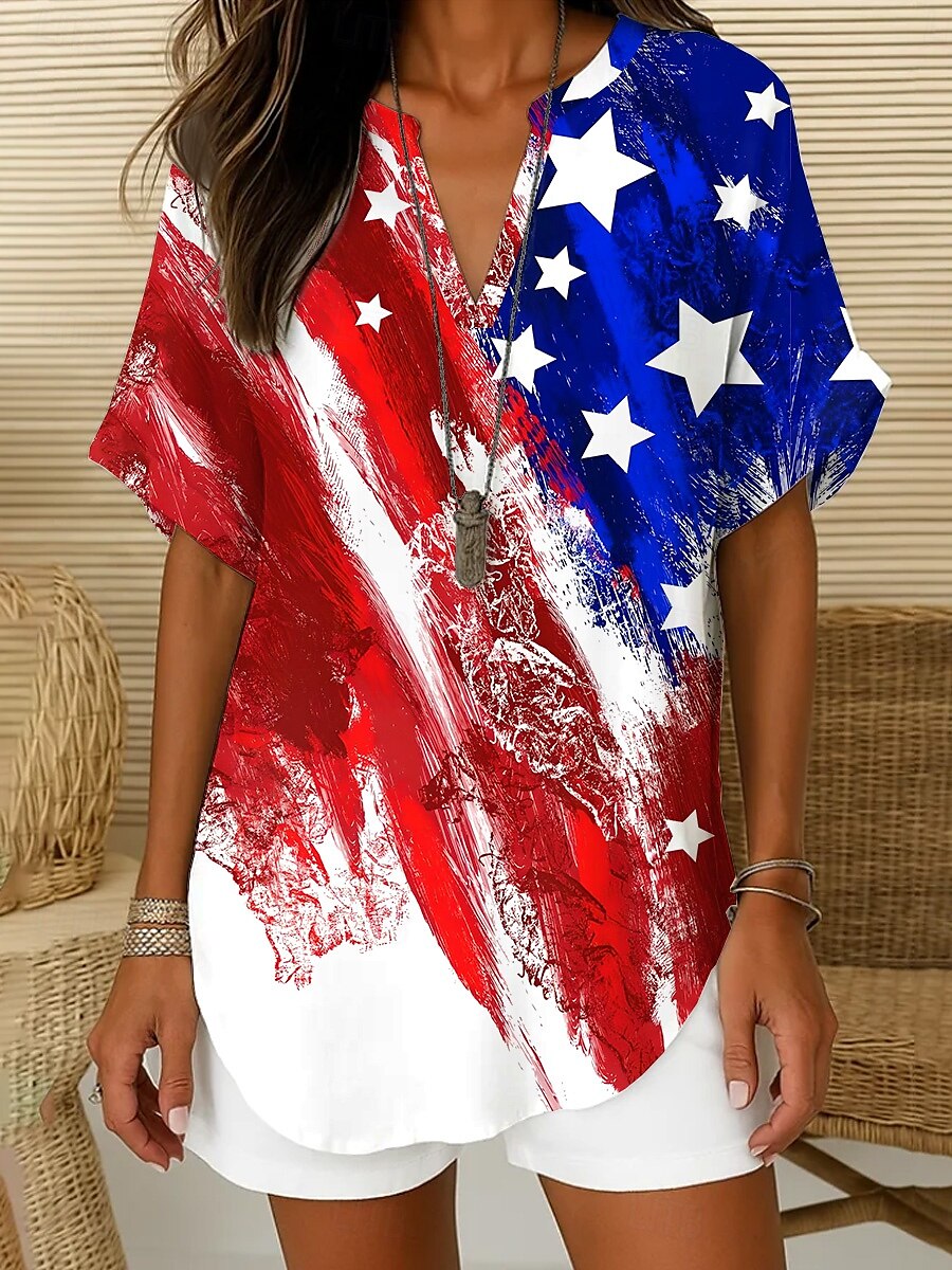 Kvinnepatriotisk Bluse Ombre Grafisk flagg Elegant Vintage Tropisk kortermet V-hals hakket hals vanlige topper daglig ferie hvit rød marineblå himmelblå 2025 - $24.99 –P5