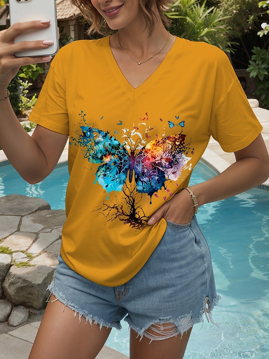 Pentru femei Tricou Grafic Animal Fluture Epocă Stilat Clasic Manșon scurt În V Topuri obișnuite Zilnic Ieșire Sfârșit de săptămână Imprimeu Negru Alb Galben Roz Îmbujorat Roșu-aprins Vară Primăvară 2025 - $19.99 –P5