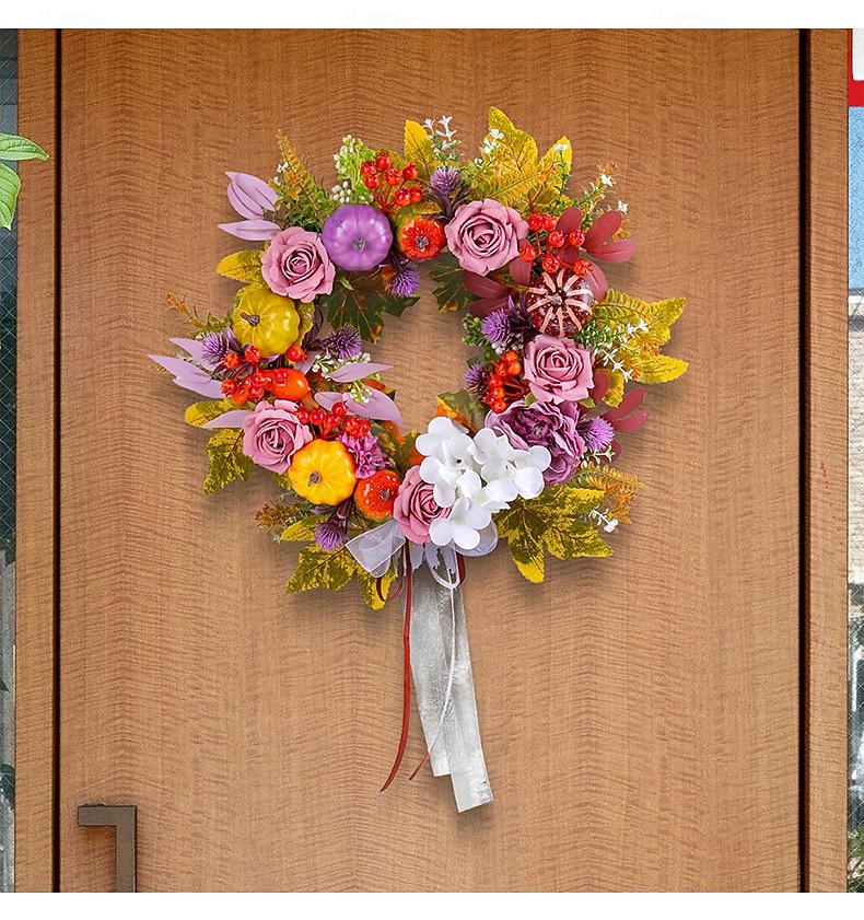 Couronne d'automne pour porte d'entrée, Thanksgiving, récolte d'automne, décoration intérieure et extérieure, couronne de vigne de roses et de citrouilles, panneau de porche de ferme rustique suspendu de 2025 ? $29.99 –P5