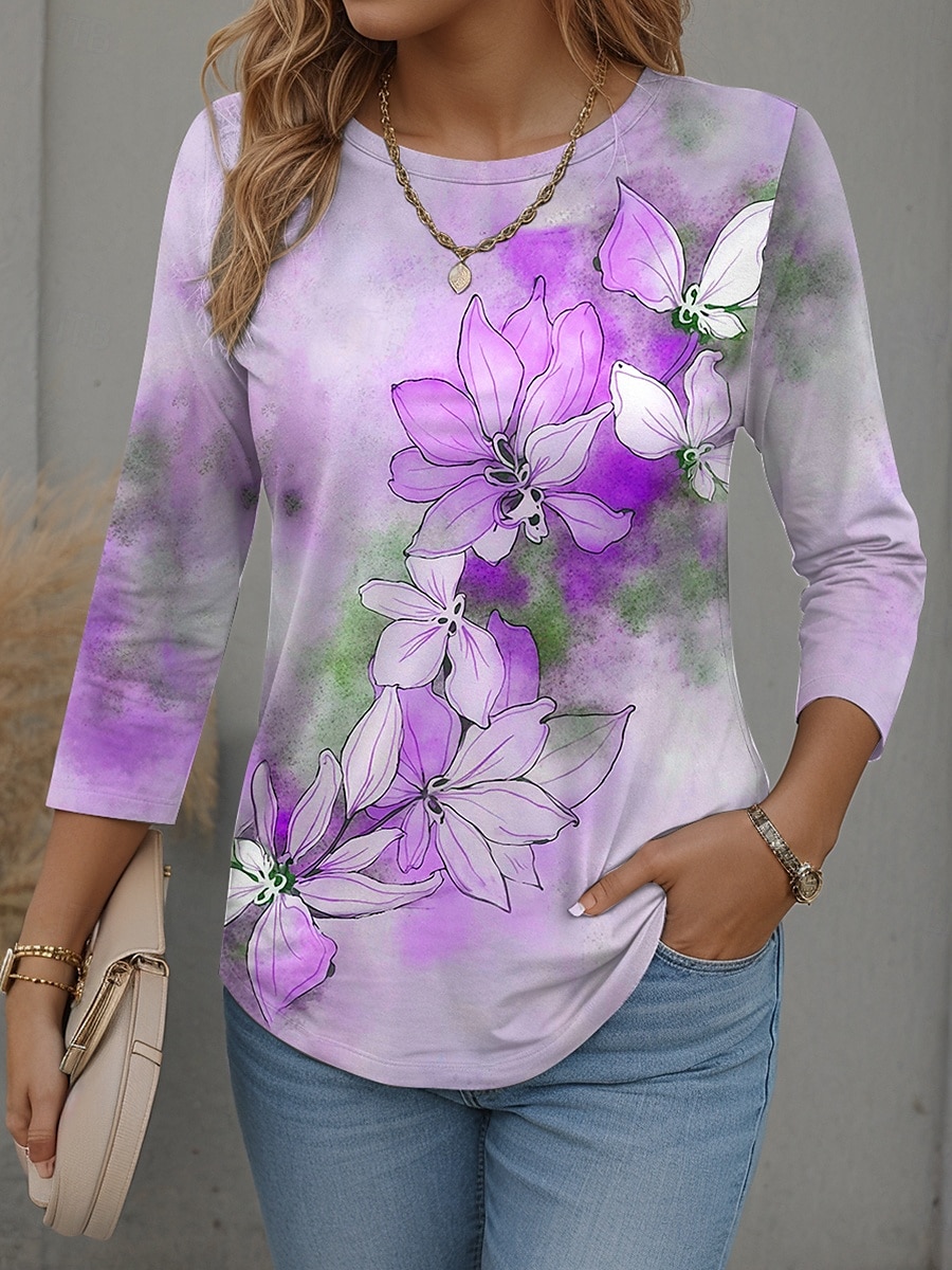 Dame T skjorte Blomstret Grafisk Planter Stilfull Moderne Fritid Langermet Crew-hals Vanlige topper Daglig Helg Trykt mønster Gul Rosa Lilla Grønn Vår Høst 2025 - $24.99 –P3