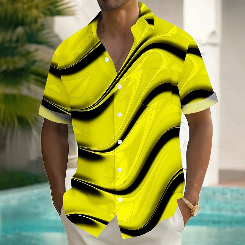 Men's Geometric Waves Shirt Summer Shirt Button Up Shirt Short Sleeve Fashion Casual Vacation Holiday Streetwear Summer Turndown 3D Print Front One Pocket Linen Like Shirt Yellow Blue Purple Green 2025 - $23.99 –P3
